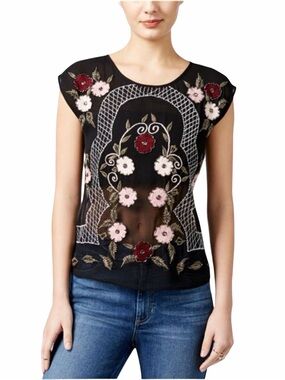 GUESS Black Floral Embroidered Sheer Sleeveless Top XS